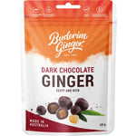 Buderim Ginger 125g bag of zesty, rich ginger pieces enrobed in smooth dark chocolate.