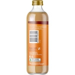 Side view of a 350ml Buderim Ginger Australian Ginger Juice glass bottle with a yellow label on a white background.