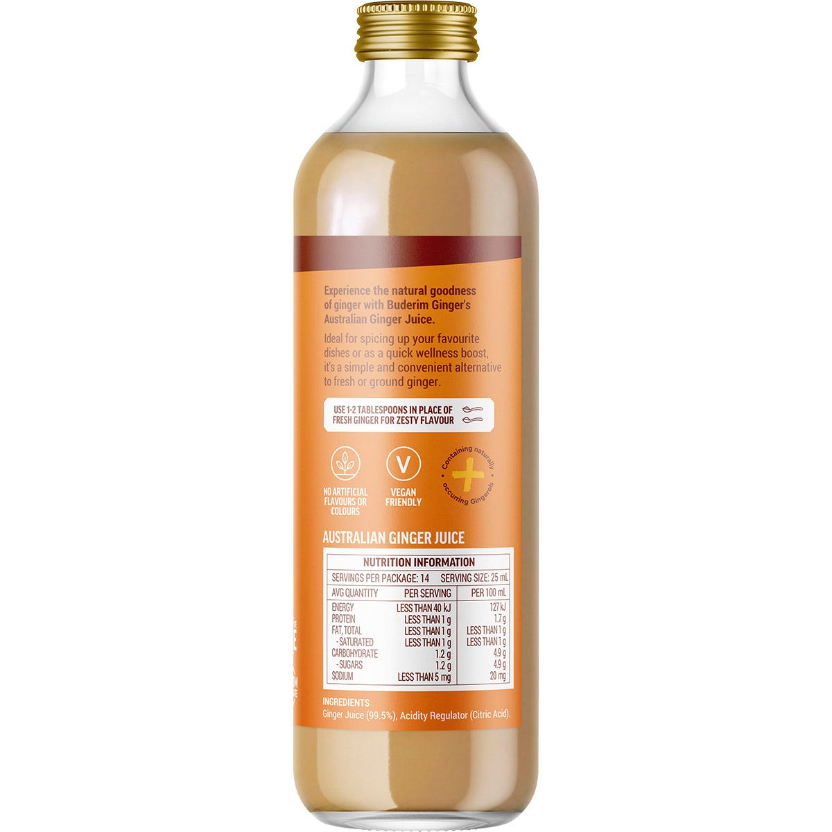350ml bottle of Buderim Ginger Australian Ginger Juice showing the right side of the yellow label on a white background.