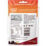 Back of a Buderim Ginger 125g bag showing ingredients, nutrition facts, and Australian-made logo on a white background.