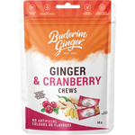 A 12-pack of Buderim Ginger Ginger & Cranberry Chews in red and white 50g bags with a ginger and cranberry design.