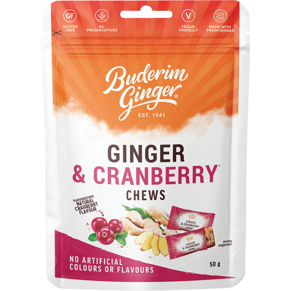 A 12-pack of Buderim Ginger Ginger & Cranberry Chews in red and white 50g bags with a ginger and cranberry design.