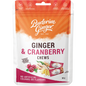 A 12-pack of Buderim Ginger Ginger & Cranberry Chews in red and white 50g bags with a ginger and cranberry design.