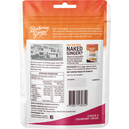 Back of Buderim Ginger Ginger & Cranberry Chews 50g bag showing ingredients, nutrition facts, and 19310371130359 barcode.