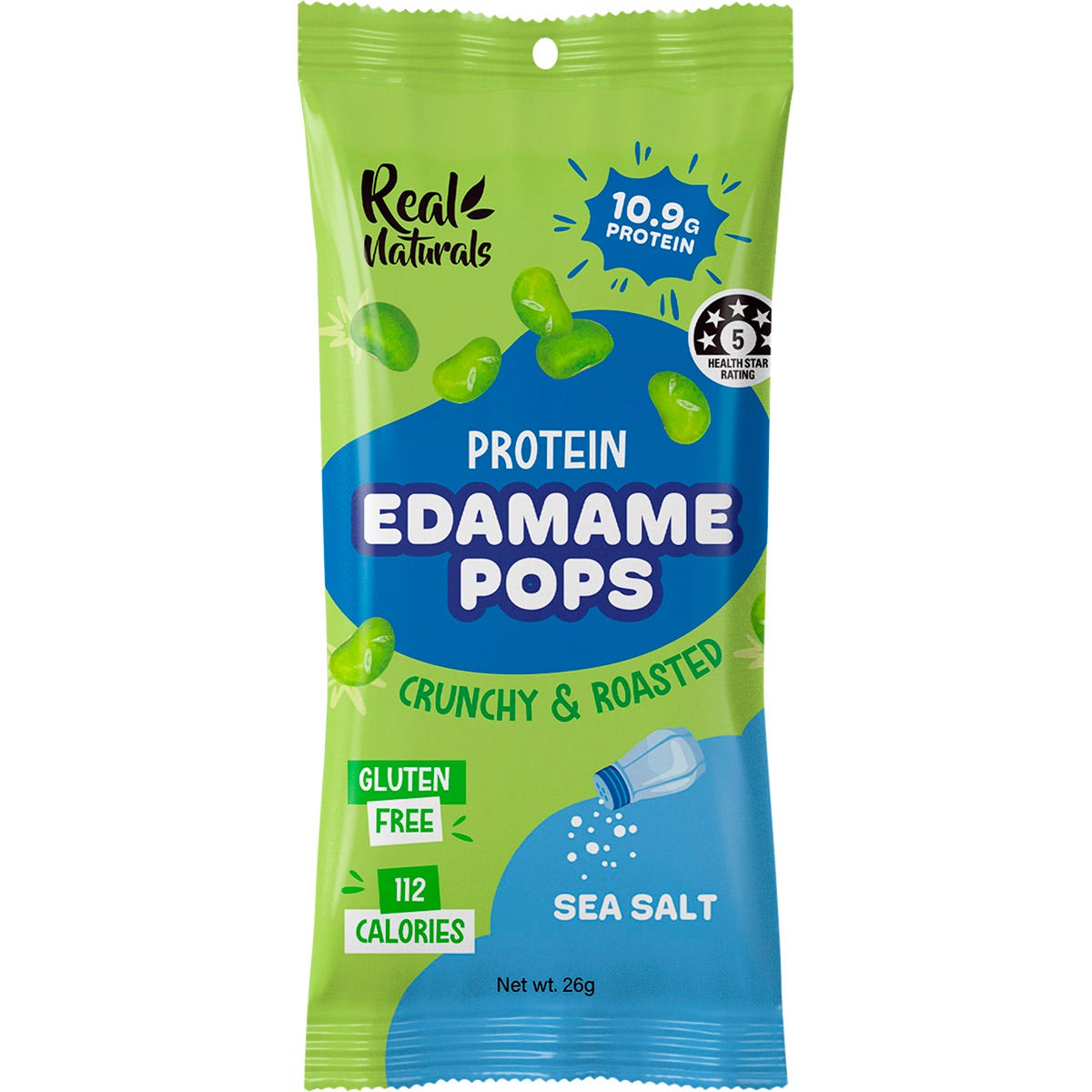 Real Naturals Sea Salt Protein Edamame Pops 26g snack bag featuring green and blue branding on a white background.