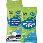 Real Naturals Sea Salt Protein Edamame Pops 10x26g pack and individual 26g snack bag on a white background.