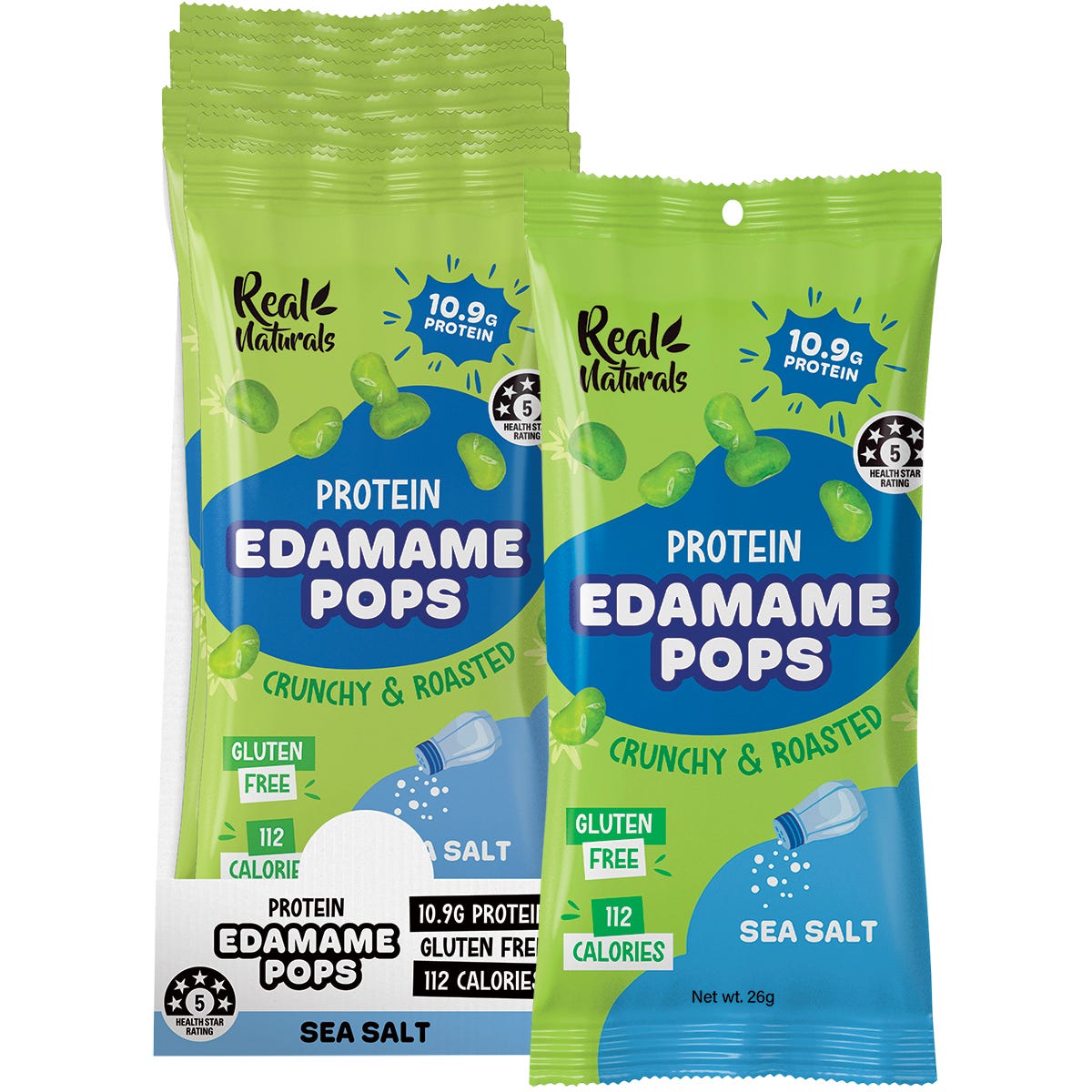 Real Naturals Sea Salt Protein Edamame Pops 10x26g pack and individual 26g snack bag on a white background.