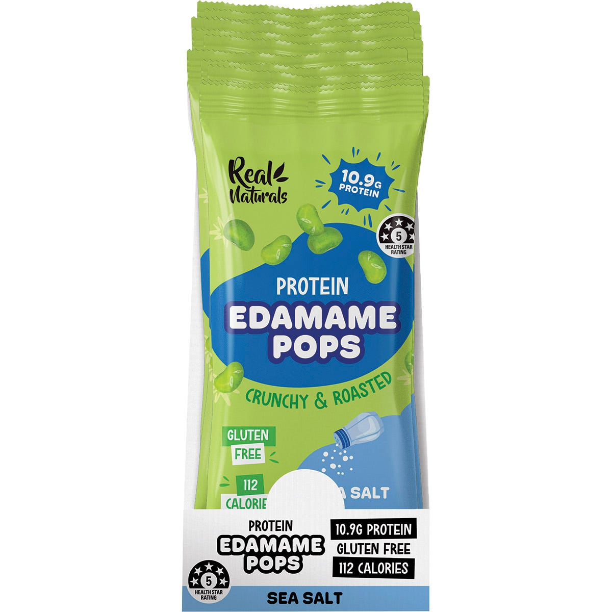 Retail display box of Real Naturals Sea Salt Edamame Pops with several individual 26g snack bags.