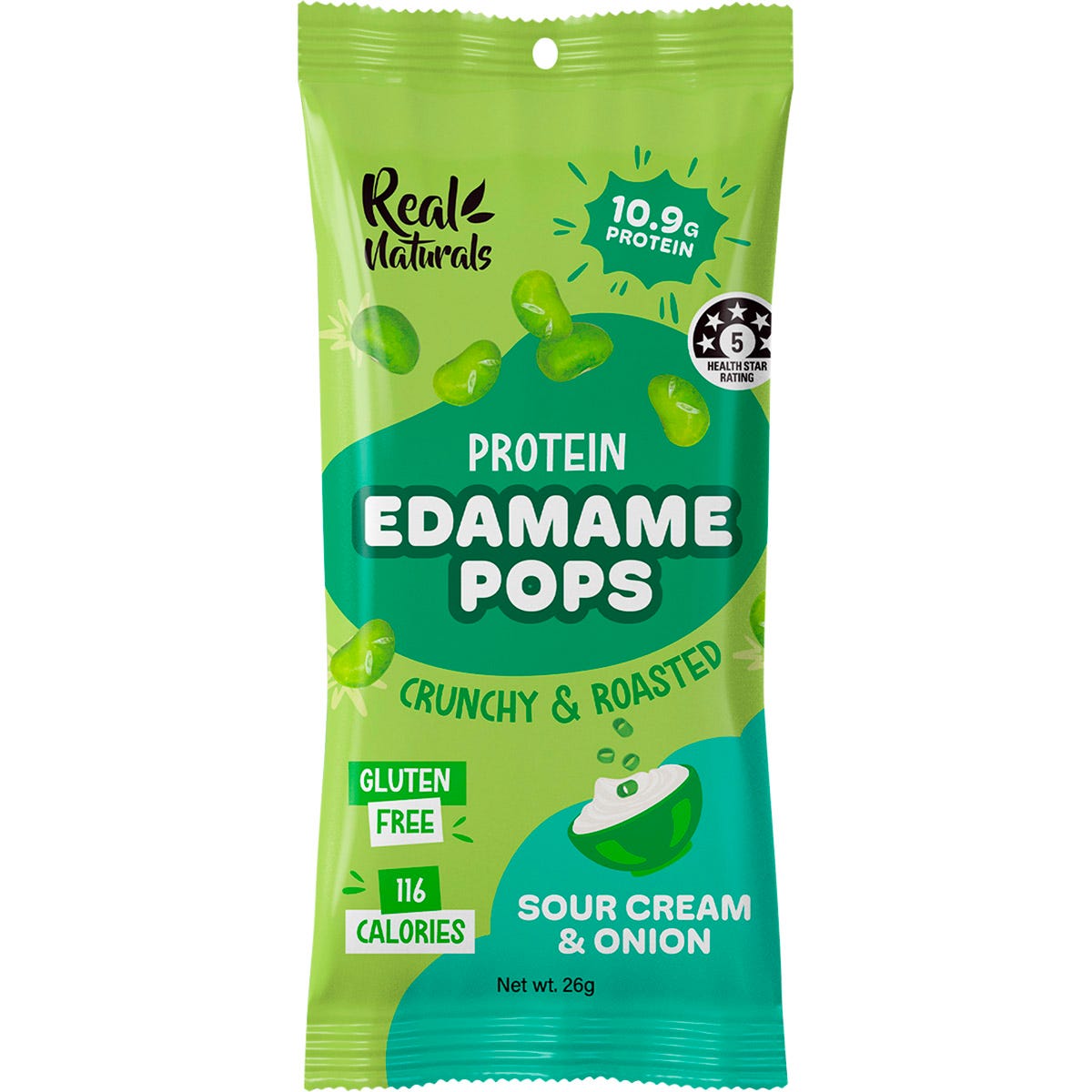 Real Naturals 26g bag of Sour Cream Protein Edamame Pops on a white background.