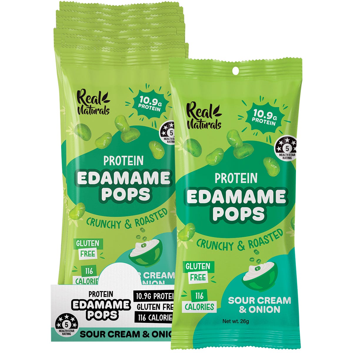 A 26g bag and bulk box of Real Naturals Sour Cream Protein Edamame Pops with a small bowl of green pea snacks.