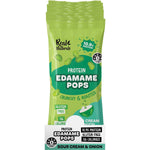 Retail display box with 10 individual 26g snack packs of Real Naturals Sour Cream Protein Edamame Pops on a white background.