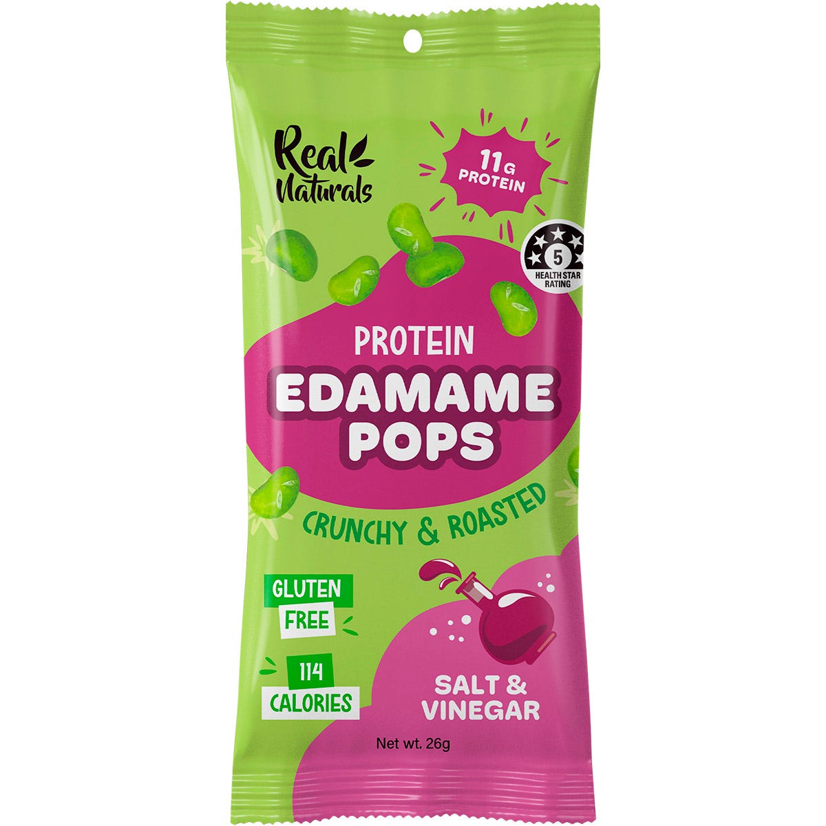 Real Naturals Salt and Vinegar Protein Edamame Pops 26g snack bag with a green and white label on a white background.