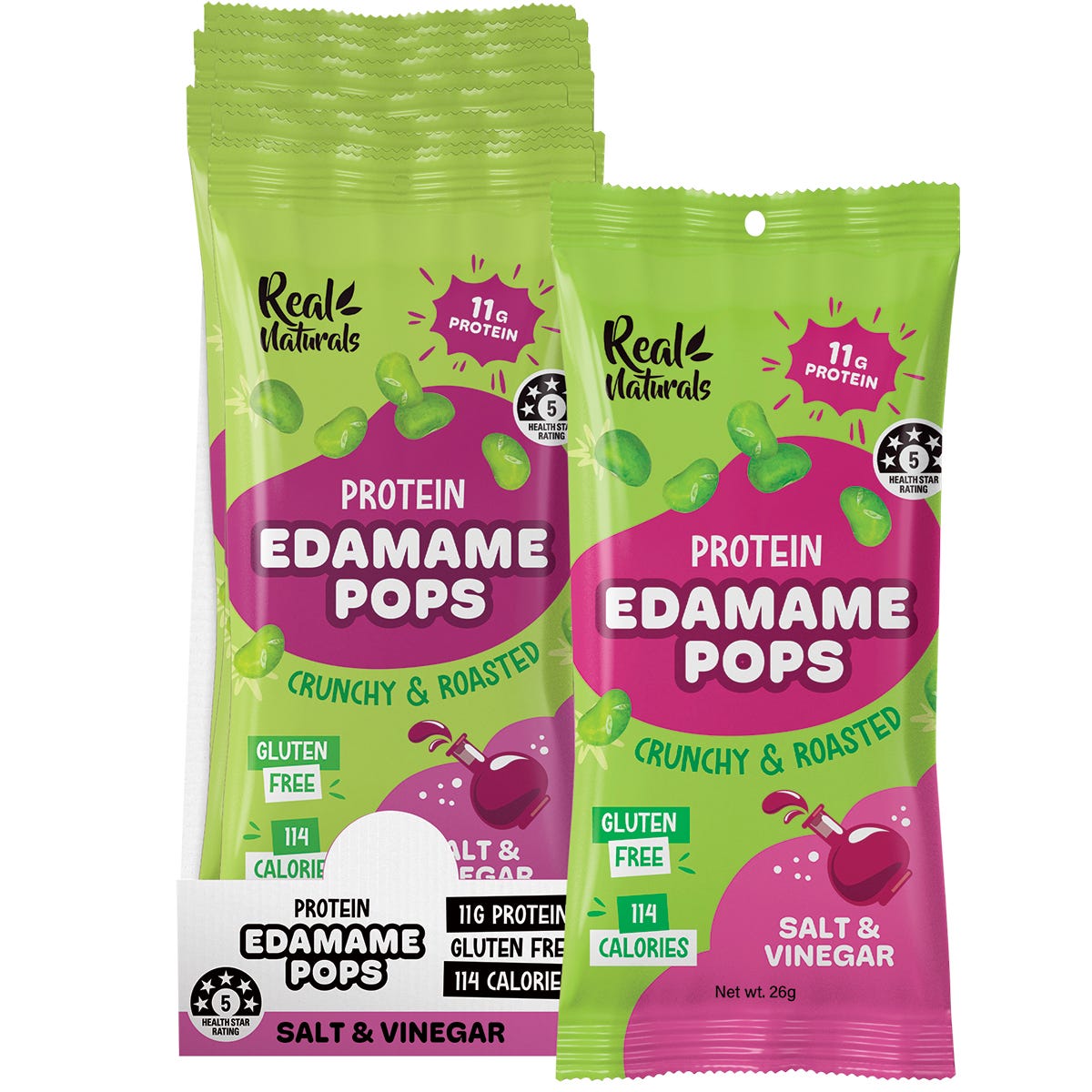 10-pack box and single bag of Real Naturals Salt & Vinegar Protein Edamame Pops with a green and white label.