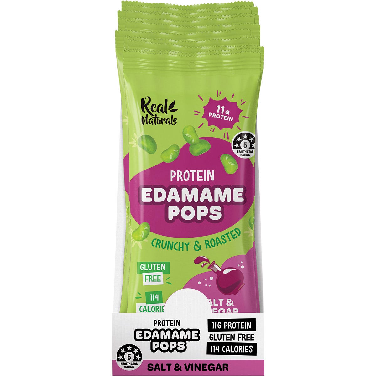 Retail display box filled with individual 26g snack bags of Real Naturals Salt & Vinegar Protein Edamame Pops.