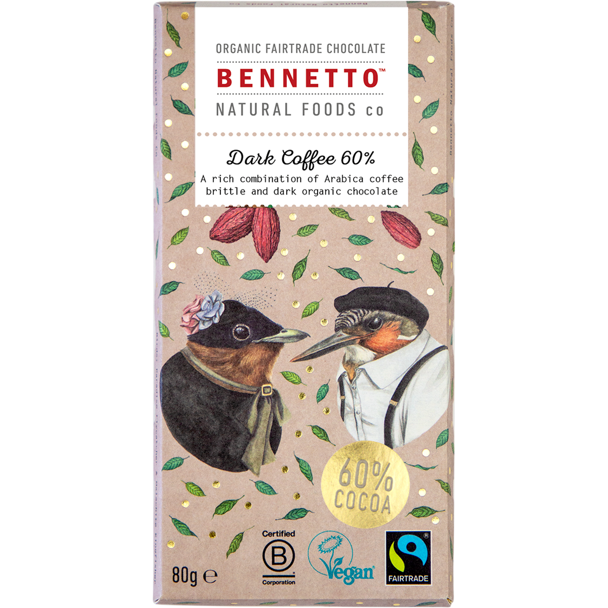 A 80g bar of Bennett Natural Foods Co. Dark Coffee 60% chocolate, featuring a beige wrapper decorated with illustrations of birds in Victorian attire, green leaves, cocoa pods, and gold dots.