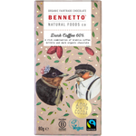 A 80g bar of Bennett Natural Foods Co. Dark Coffee 60% chocolate, featuring a beige wrapper decorated with illustrations of birds in Victorian attire, green leaves, cocoa pods, and gold dots.