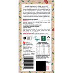 Back packaging panel of a 80g bag of Jenni Jo Natural Foods Organic Fairtrade Coffee Chocolate, featuring product details, ingredients, nutrition facts, and logos on a cream background with green leaf borders.