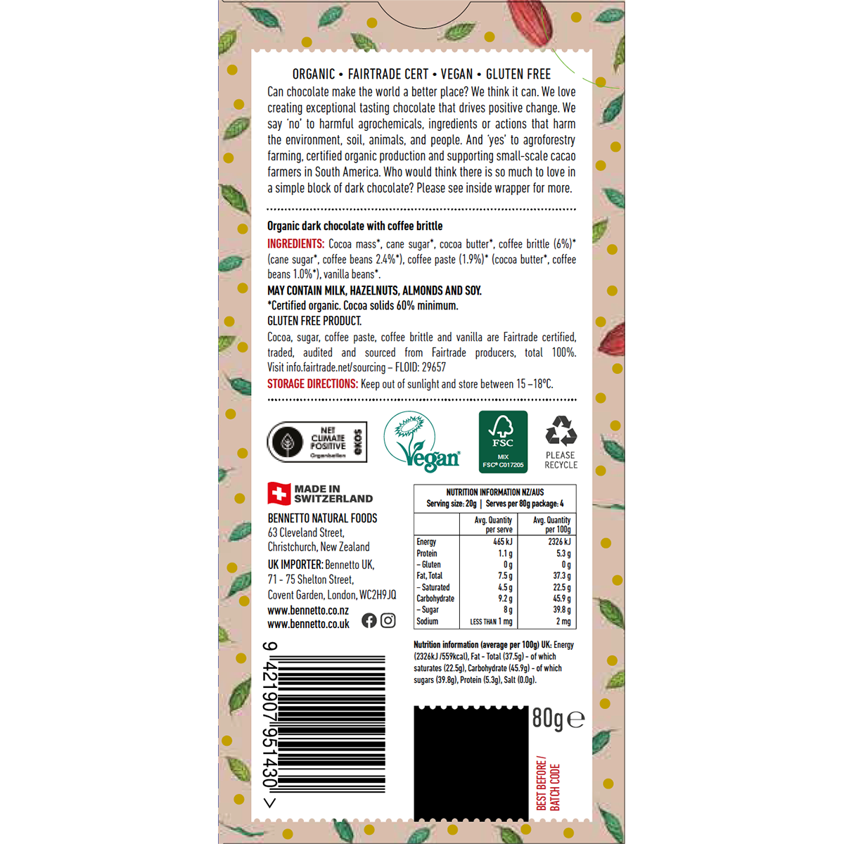 Back packaging panel of a 80g bag of Jenni Jo Natural Foods Organic Fairtrade Coffee Chocolate, featuring product details, ingredients, nutrition facts, and logos on a cream background with green leaf borders.