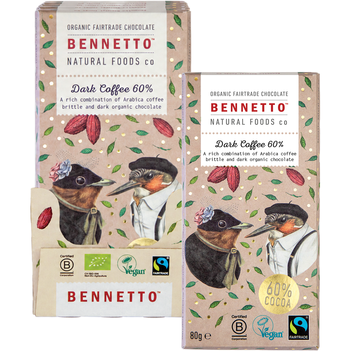 Two Bennett Natural Foods chocolate bar boxes on a white background, featuring an illustration of a bird in a tuxedo with cocoa pods and leaves. The packaging highlights 'Organic Fairtrade Chocolate', 'Dark Coffee 60%', and '80g e'.