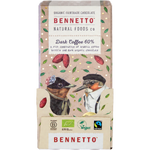 Bennetto Natural Foods Co. Dark Coffee 60% chocolate bar packaging, featuring an illustration of two dressed-up birds on a beige background with cocoa pod and leaf motifs.