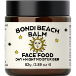 Amber glass jar of Bondi Beach Balm FACE FOOD with a black lid and minimalist white label.