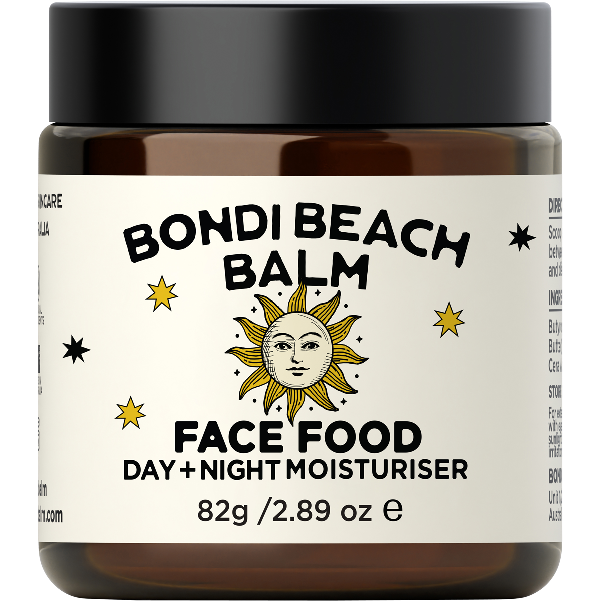 Amber glass jar of Bondi Beach Balm FACE FOOD with a black lid and minimalist white label.