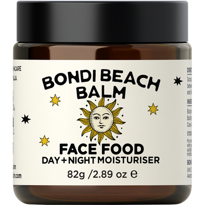 Amber glass jar of Bondi Beach Balm FACE FOOD with a black lid and minimalist white label.