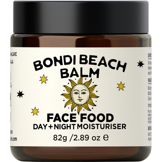 Amber glass jar of Bondi Beach Balm FACE FOOD with a black lid and minimalist white label.