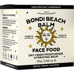 White minimalist cardboard box for Bondi Beach Balm FACE FOOD Day + Night Moisturiser on a white background.