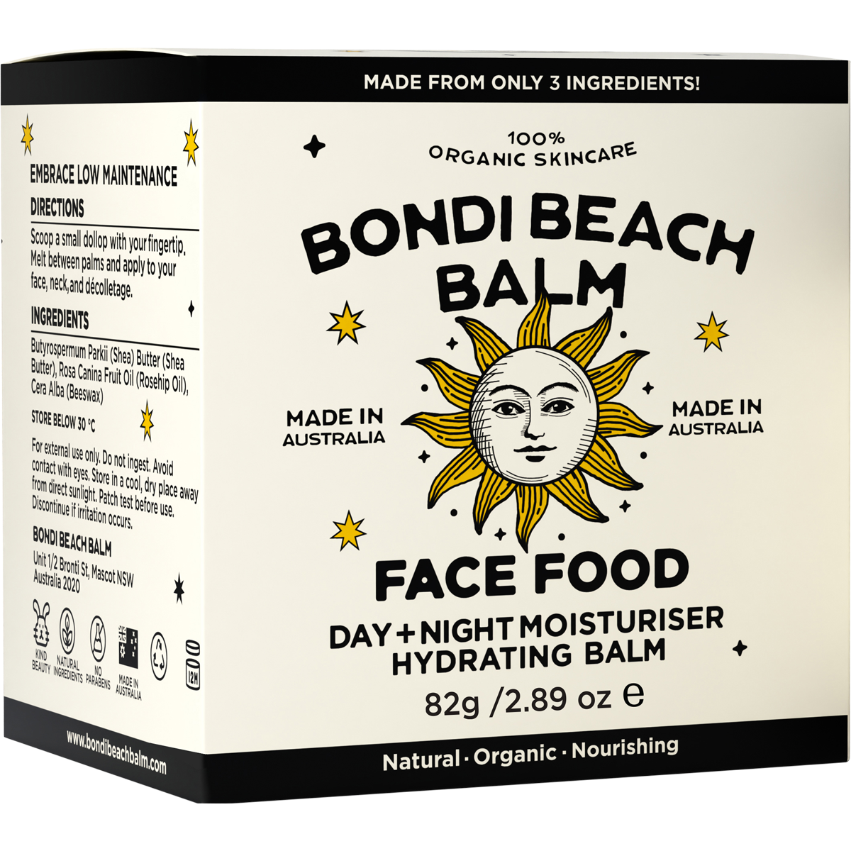 White minimalist cardboard box for Bondi Beach Balm FACE FOOD Day + Night Moisturiser on a white background.