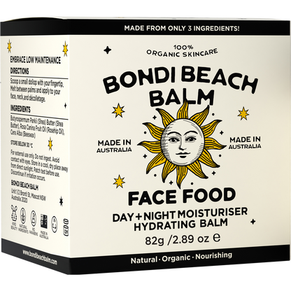 White minimalist cardboard box for Bondi Beach Balm FACE FOOD Day + Night Moisturiser on a white background.