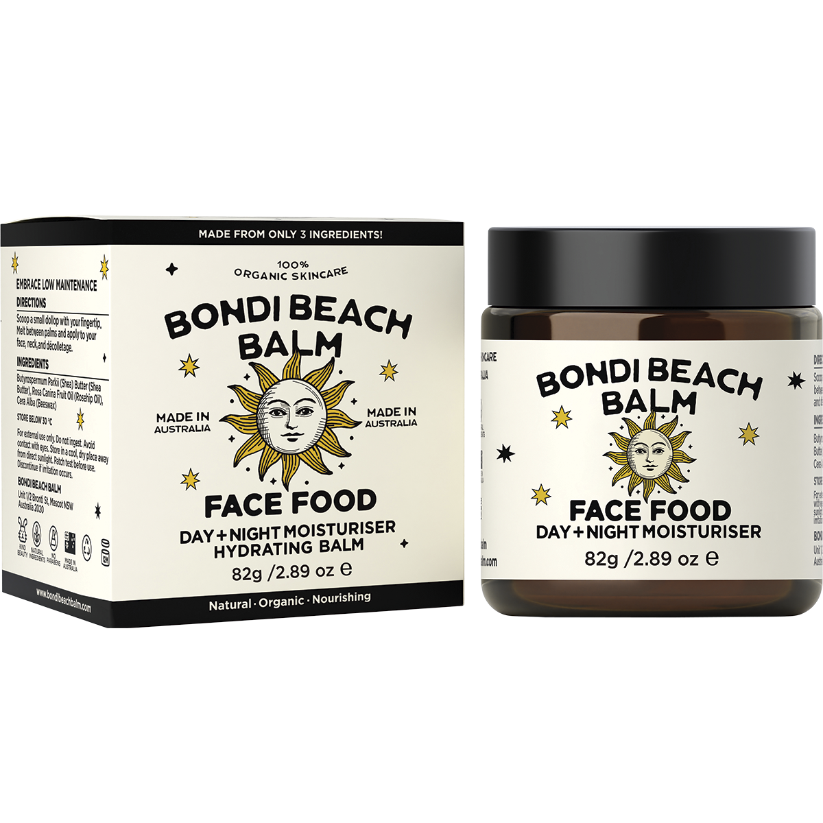 Amber glass jar and white box of Bondi Beach Balm FACE FOOD Day + Night Moisturiser on a white background.