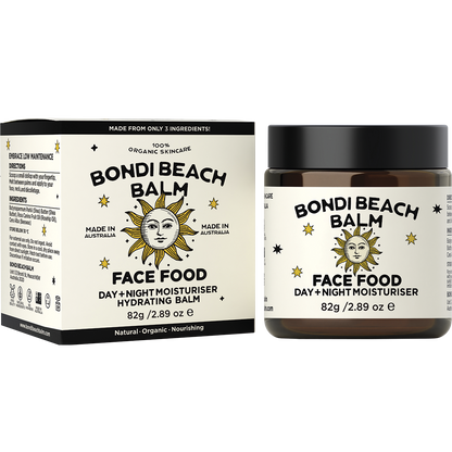Amber glass jar and white box of Bondi Beach Balm FACE FOOD Day + Night Moisturiser on a white background.