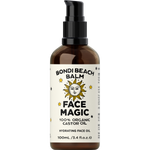 Amber glass bottle of Bondi Beach Balm Face Magic Organic Castor Oil with a black pump dispenser and white label.