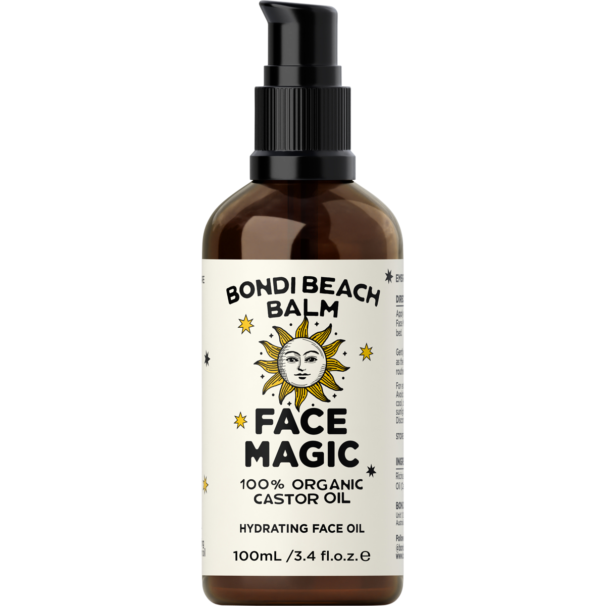 Amber glass bottle of Bondi Beach Balm Face Magic Organic Castor Oil with a black pump dispenser and white label.