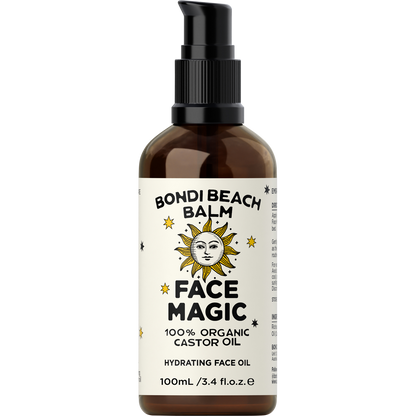 Amber glass bottle of Bondi Beach Balm Face Magic Organic Castor Oil with a black pump dispenser and white label.