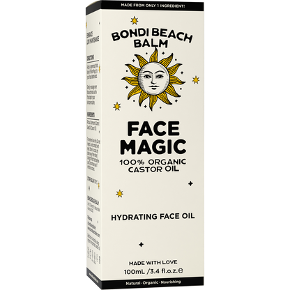 White and yellow Bondi Beach Balm Face Magic box for 100% organic castor oil on a white background.