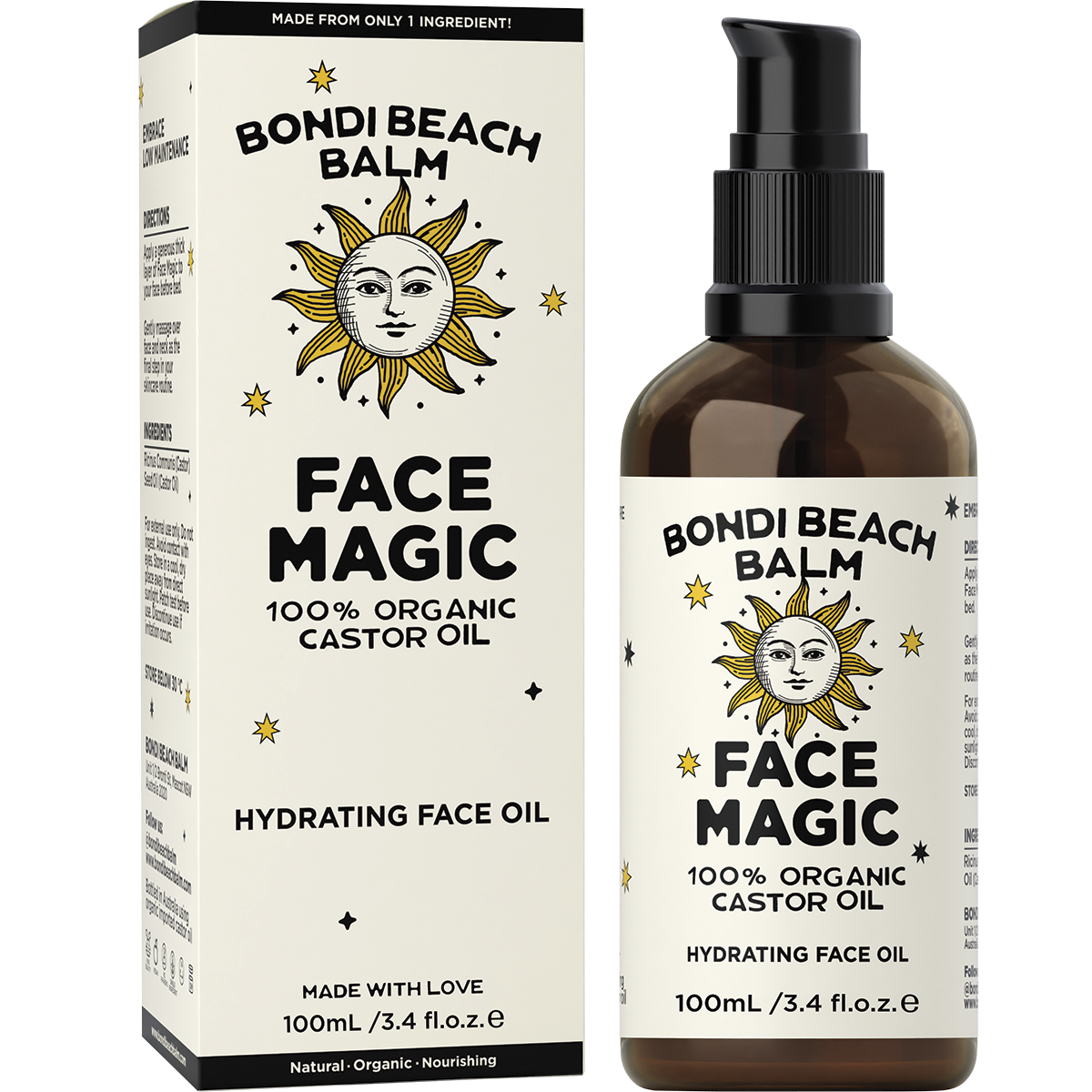 Bondi Beach Balm Face Magic 100ml amber glass bottle with a white box on a white background.