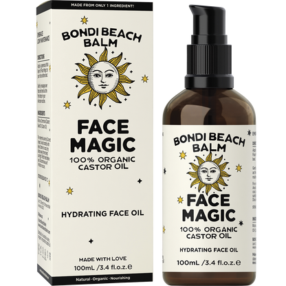 Bondi Beach Balm Face Magic 100ml amber glass bottle with a white box on a white background.