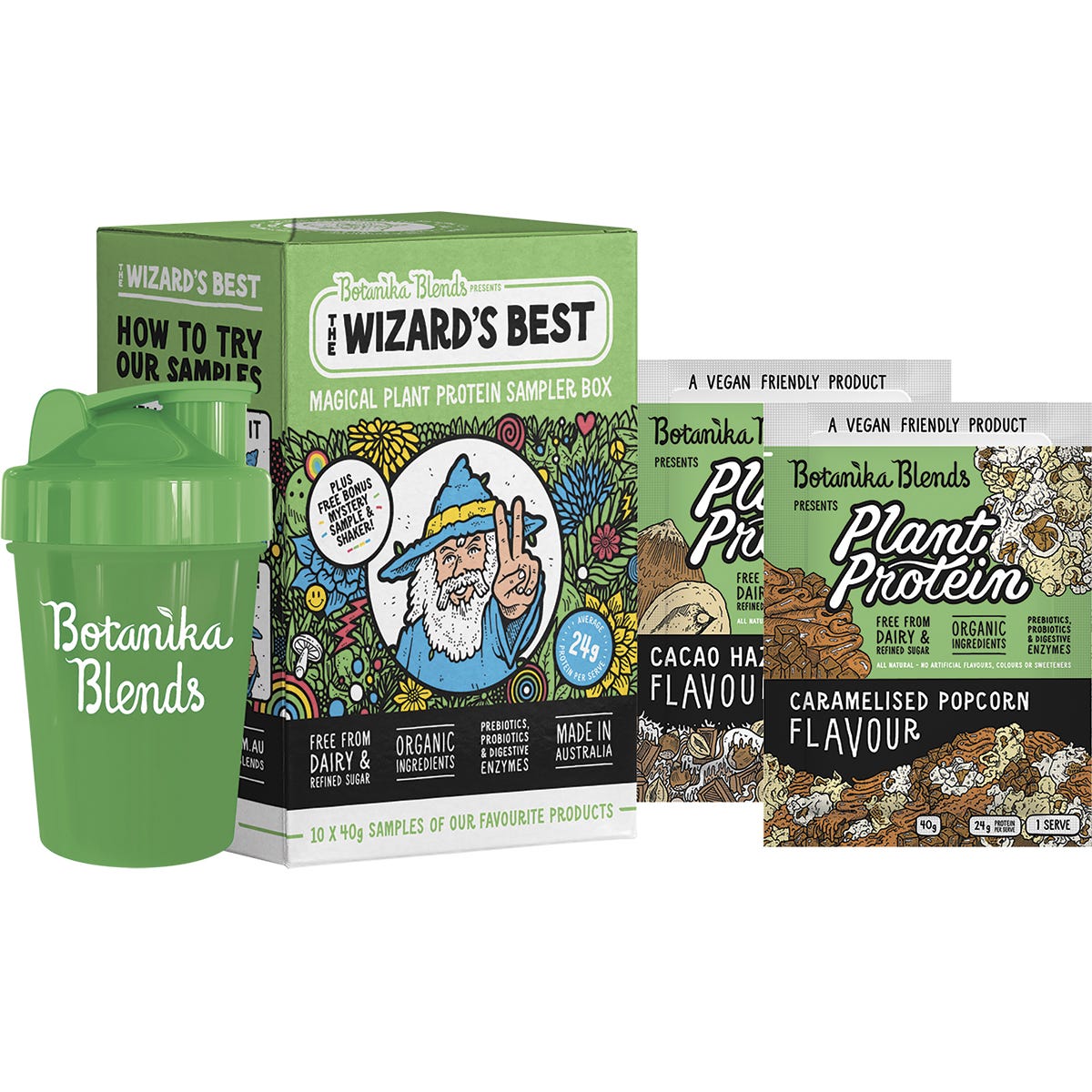 Botanika Blends The Wizard's Best Plant Protein Sampler Box with 10 sachets, a black shaker, and mystery sample.