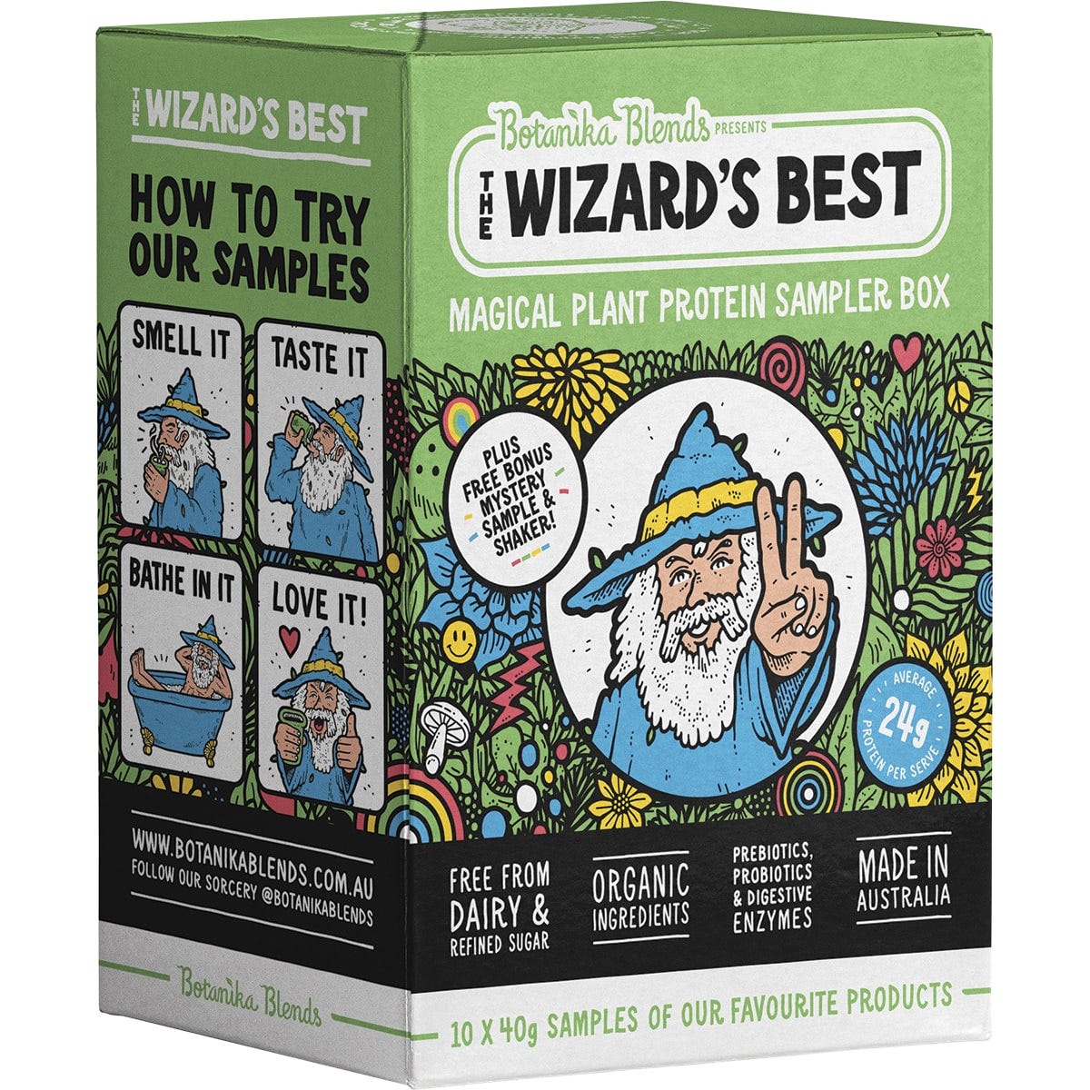 Botanika Blends The Wizard's Best Sampler Box displaying various plant protein sachet flavors on a white background.