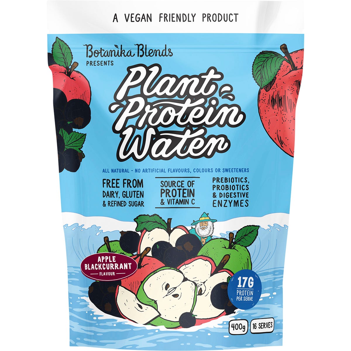 400g bag of Botanika Blends Apple Blackcurrant Plant Protein Water on a white background.