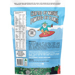 Back of 400g Botanika Blends Apple Blackcurrant Protein Water bag showing nutritional facts and ingredients.