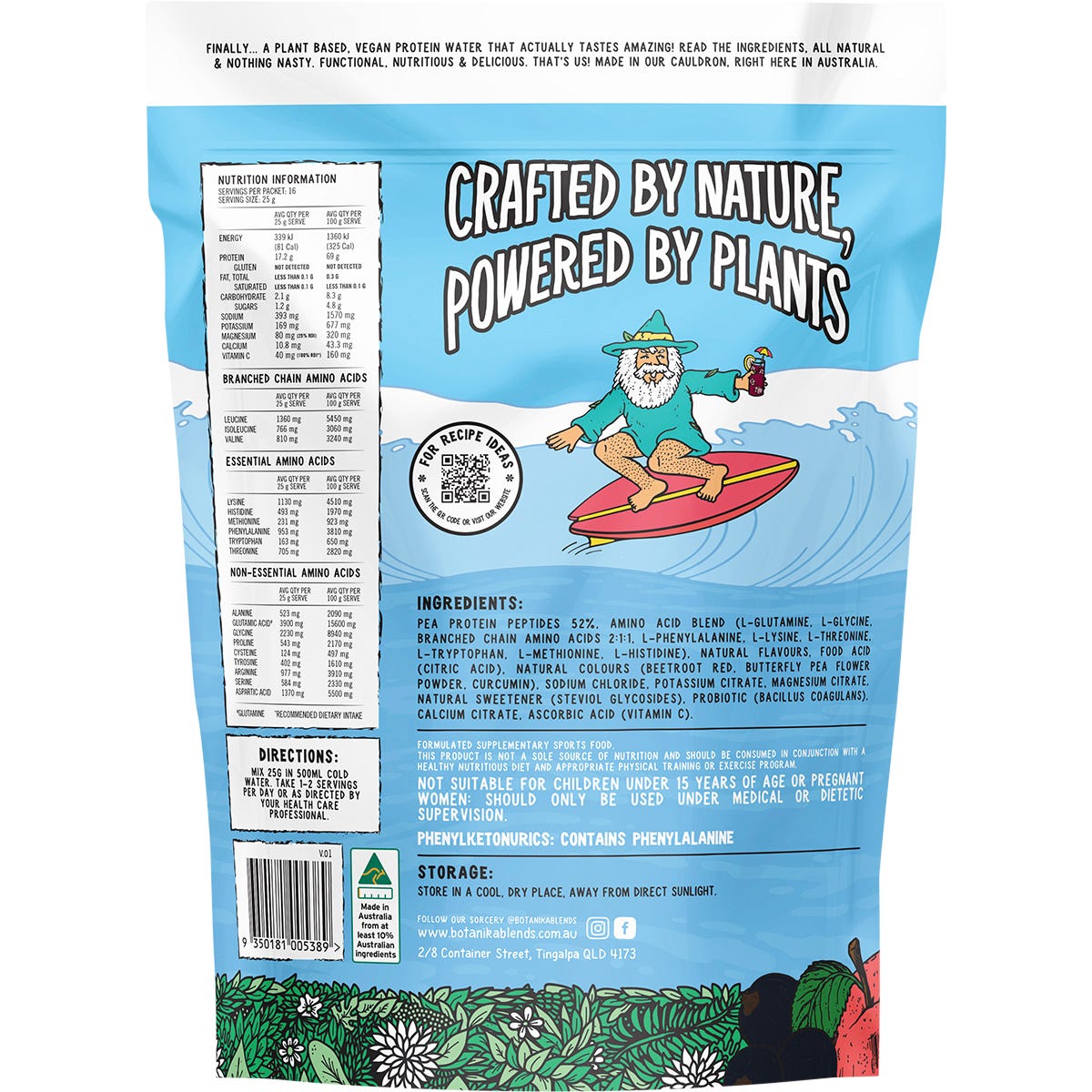 Back of 400g Botanika Blends Apple Blackcurrant Protein Water bag showing nutritional facts and ingredients.