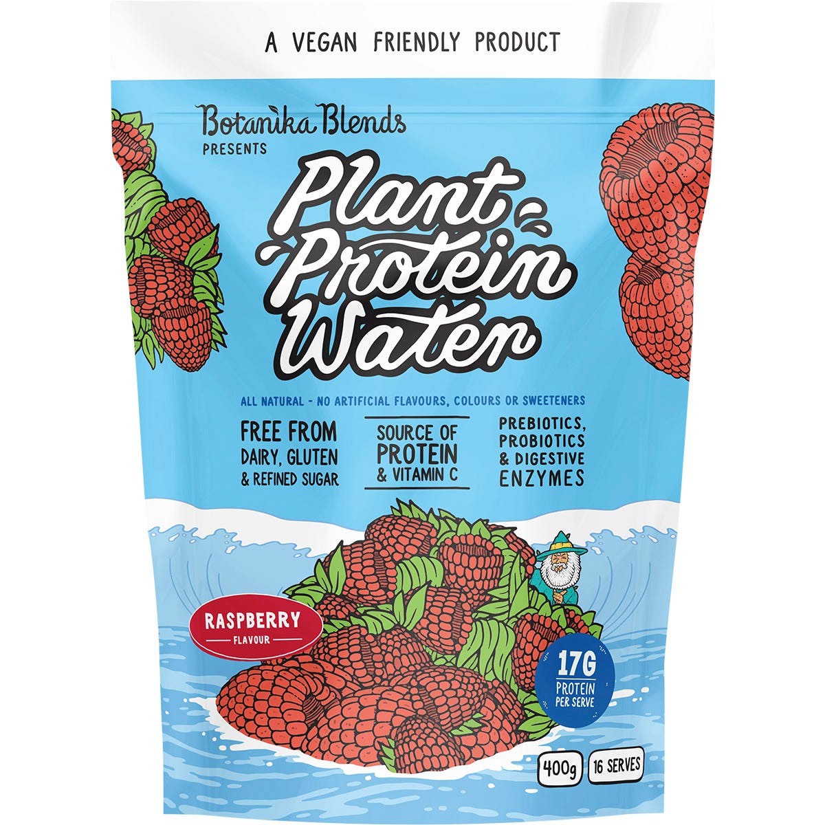 Botanika Blends Raspberry Plant Protein Water 400g tub with pea protein peptides and vitamin C.