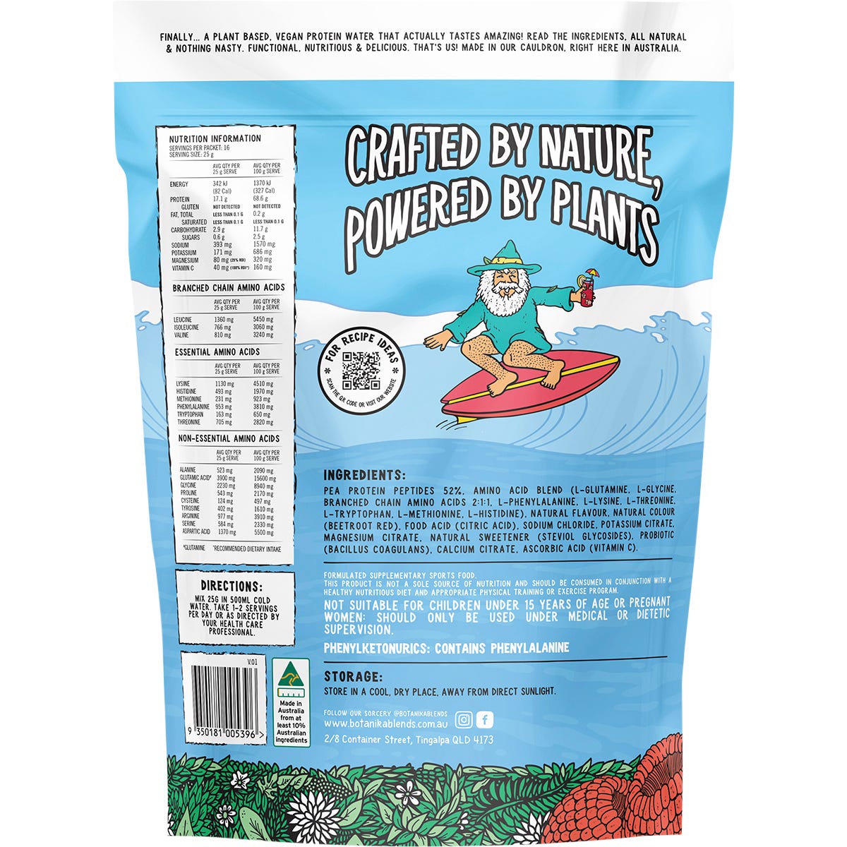 Back of a 400g tub of Botanika Blends Raspberry Plant Protein Water showing nutritional information and ingredients.