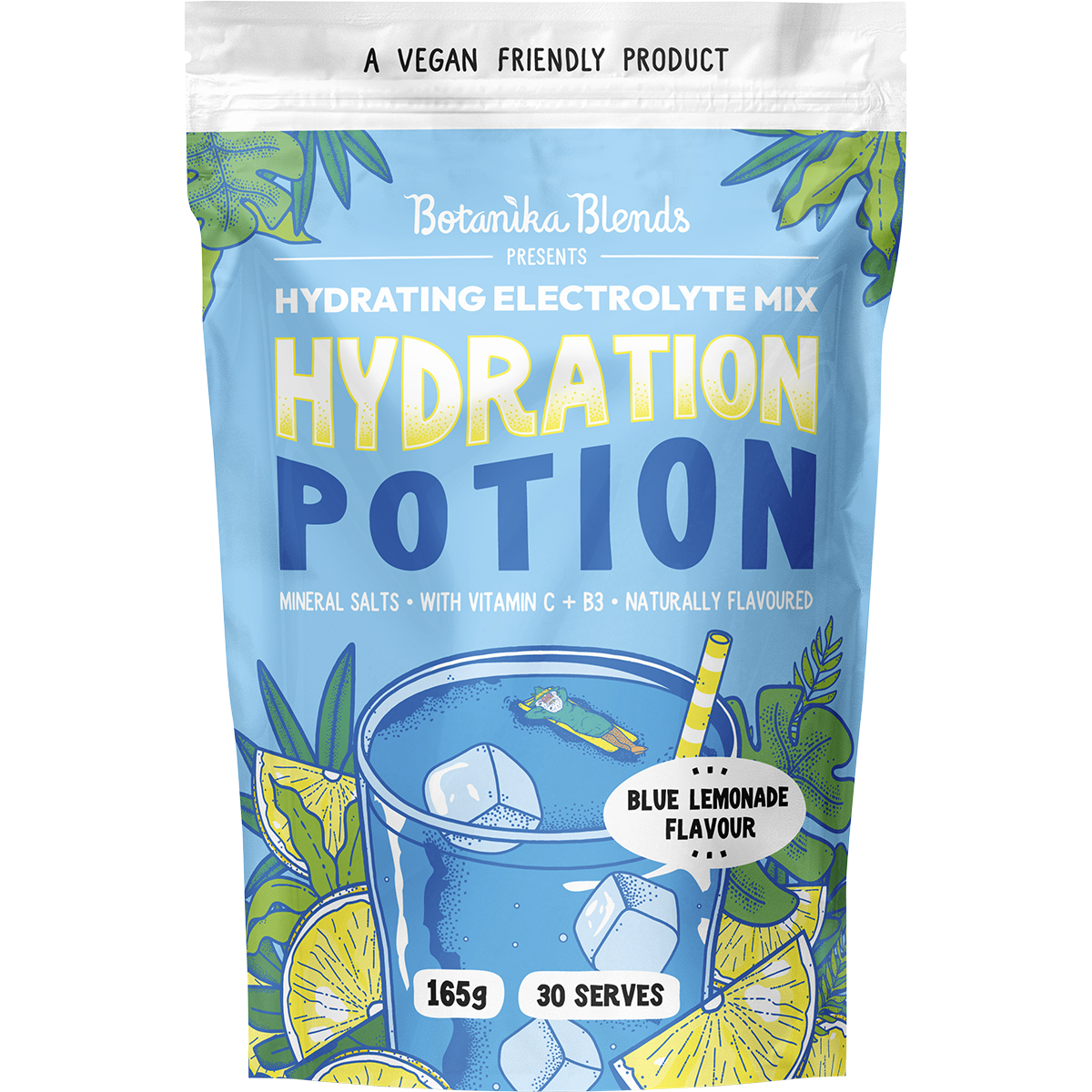 165g tub of Botanika Blends Hydration Potion Blue Lemonade with electrolytes, vitamin C, and B3 on a white background.
