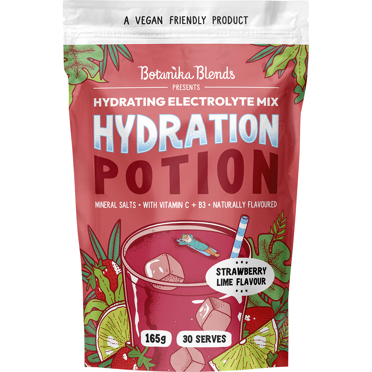 Botanika Blends Hydration Potion Strawberry Lime 165g tub with a white label and fruit illustrations.
