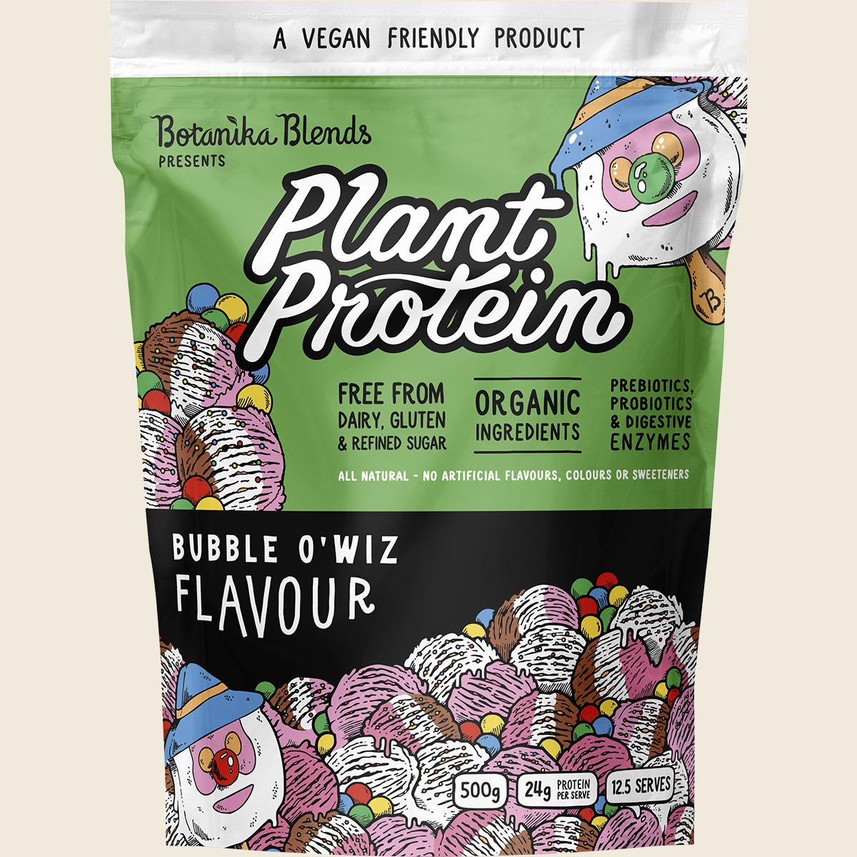 Botanika Blends 500g Bubble O'Wiz plant protein tub with a pink label on a white background.