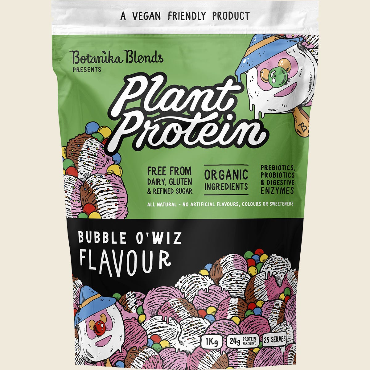 1kg tub of Botanika Blends Plant Protein Bubble O'Wiz with a colorful, wizard-themed label on a white background.